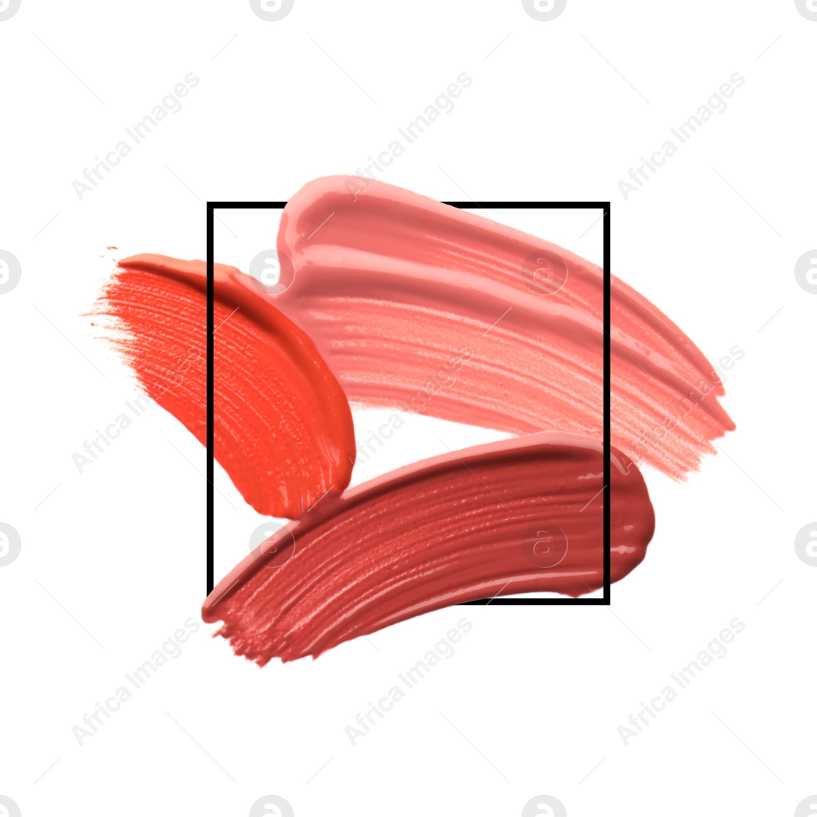 Image of Different shades of liquid lipstick and frame on white background. Color palette of makeup product