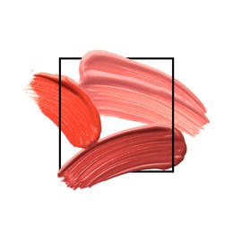 Image of Different shades of liquid lipstick and frame on white background. Color palette of makeup product