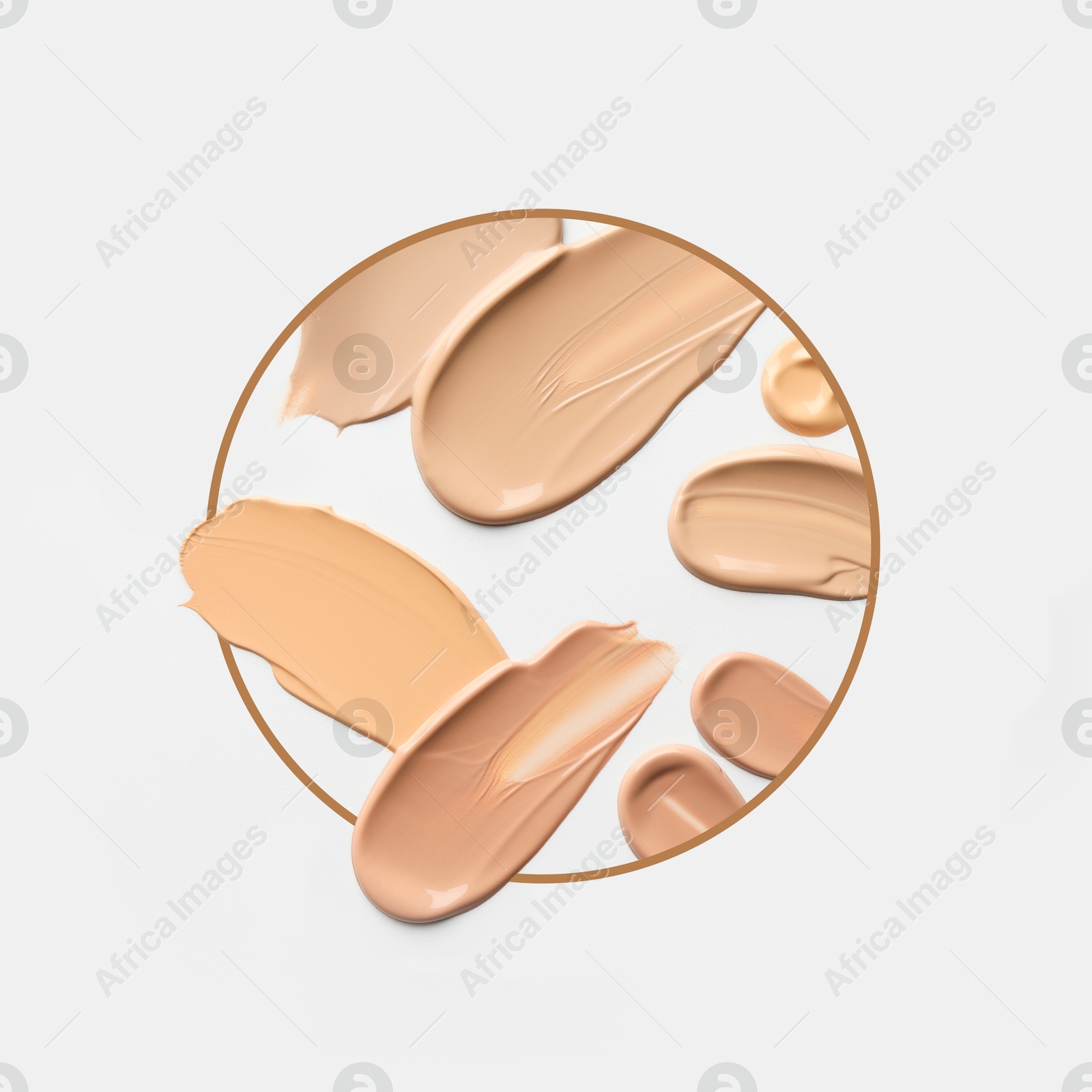 Image of Different shades of foundation and frame on white background. Color palette of makeup product