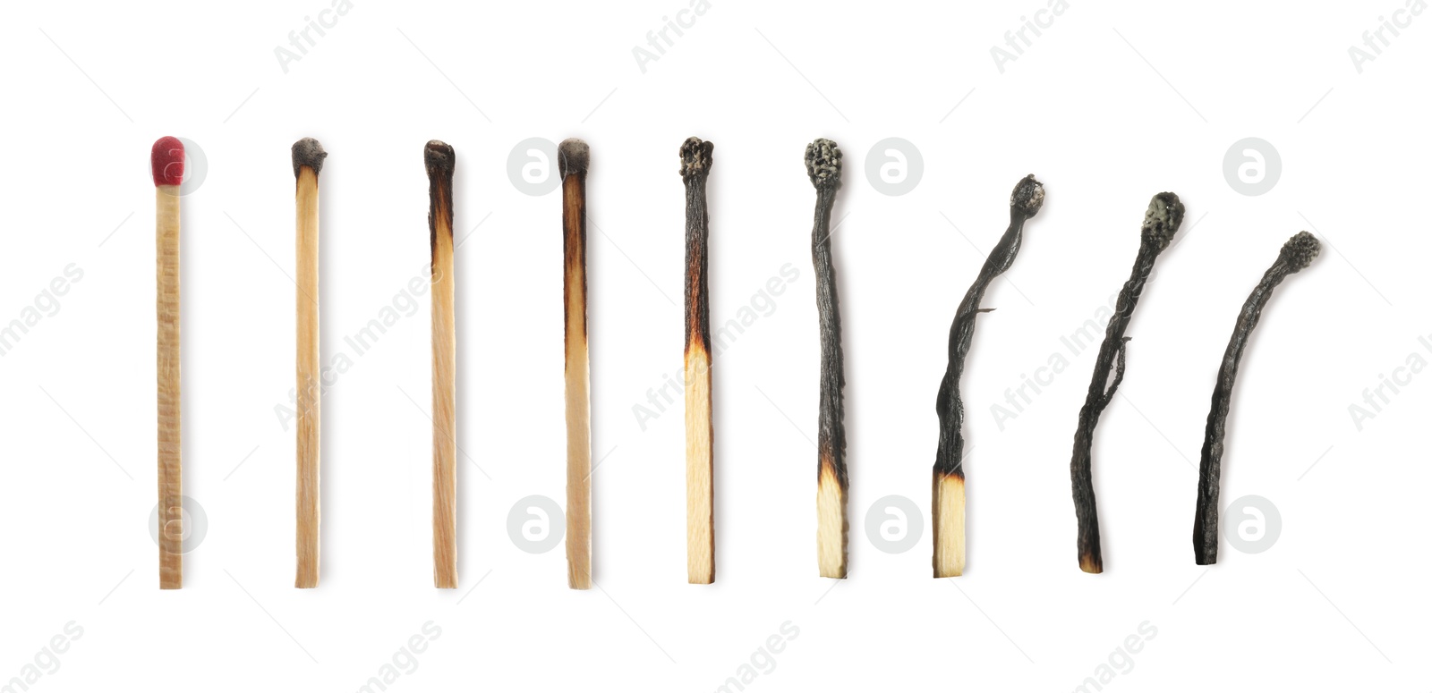 Matches on white background, collage with stages from whole to completely burnt Image of Matches on white background, collage with stages from whole to completely burnt