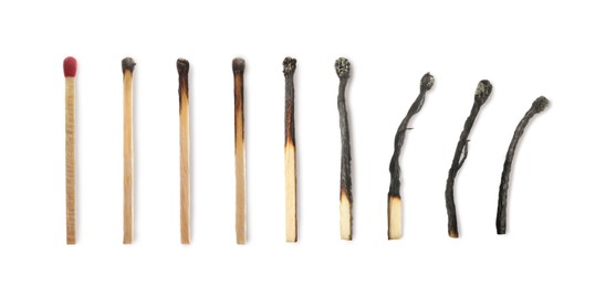Image of Matches on white background, collage with stages from whole to completely burnt