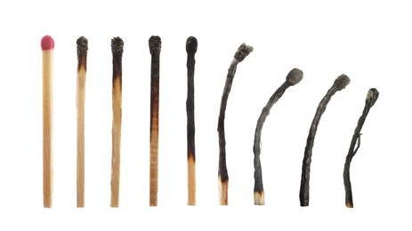Image of Matches on white background, collage with stages from whole to completely burnt