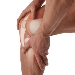 Image of Anatomy of knee. Man with illustration on his leg against white background, closeup