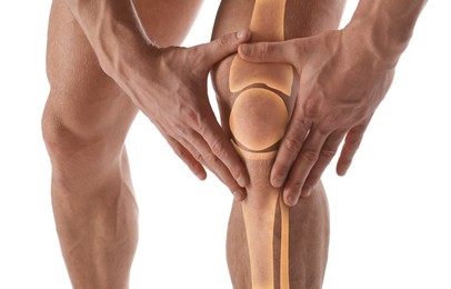 Image of Anatomy of knee. Man with illustration on his leg against white background, closeup