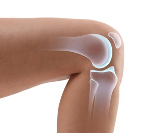 Image of Anatomy of knee. Woman with illustration on her leg against white background, closeup