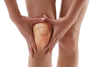 Image of Anatomy of knee. Woman with illustration on her leg against white background, closeup