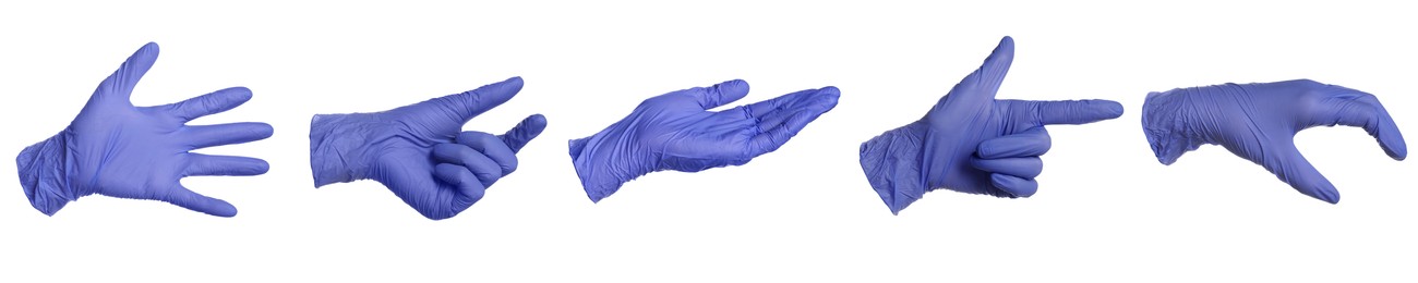 Image of Blue nitrile medical gloves isolated on white, collage of gestures