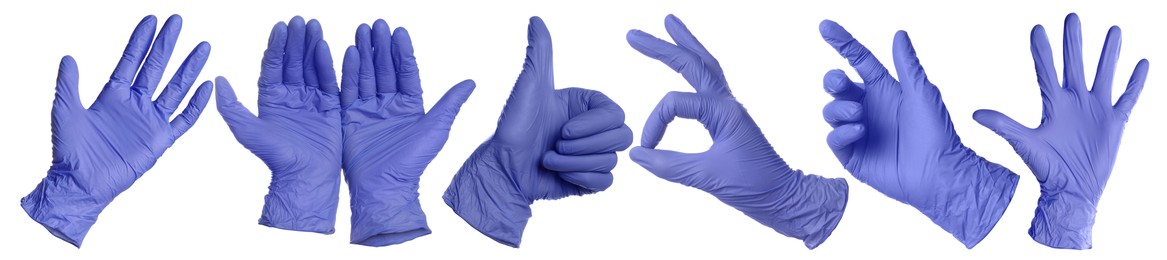 Image of Blue nitrile medical gloves isolated on white, collage of gestures