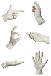 Image of Nitrile medical gloves isolated on white, collage collage of gestures