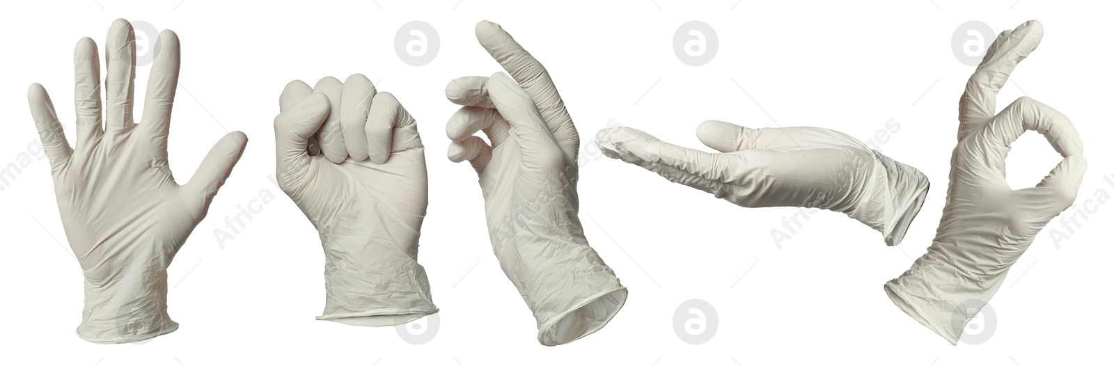 Nitrile medical gloves isolated on white, collage collage of gestures Image of Nitrile medical gloves isolated on white, collage collage of gestures