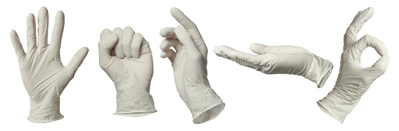 Image of Nitrile medical gloves isolated on white, collage collage of gestures
