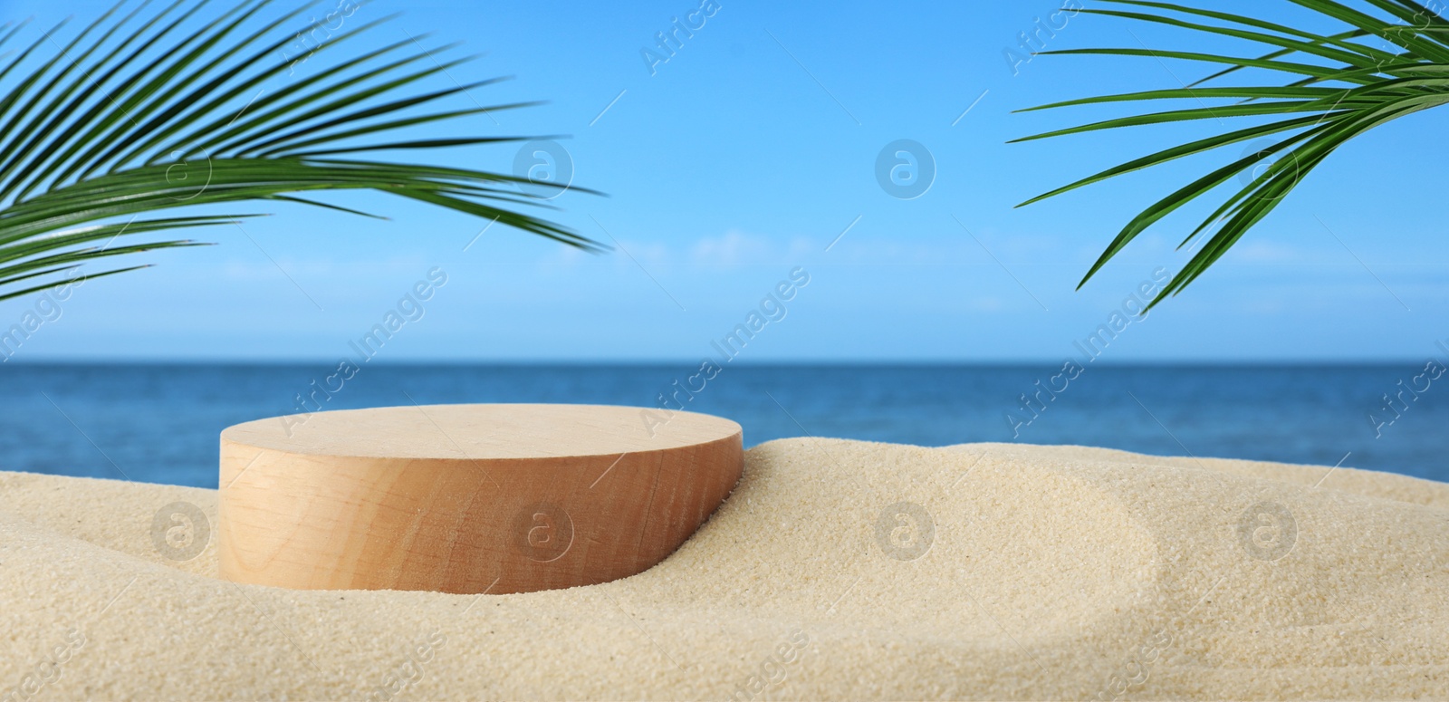 Podium for product promotion on sand under green palm leaves near blue sea, banner design. Stylish presentation Image of Podium for product promotion on sand under green palm leaves near blue sea, banner design. Stylish presentation
