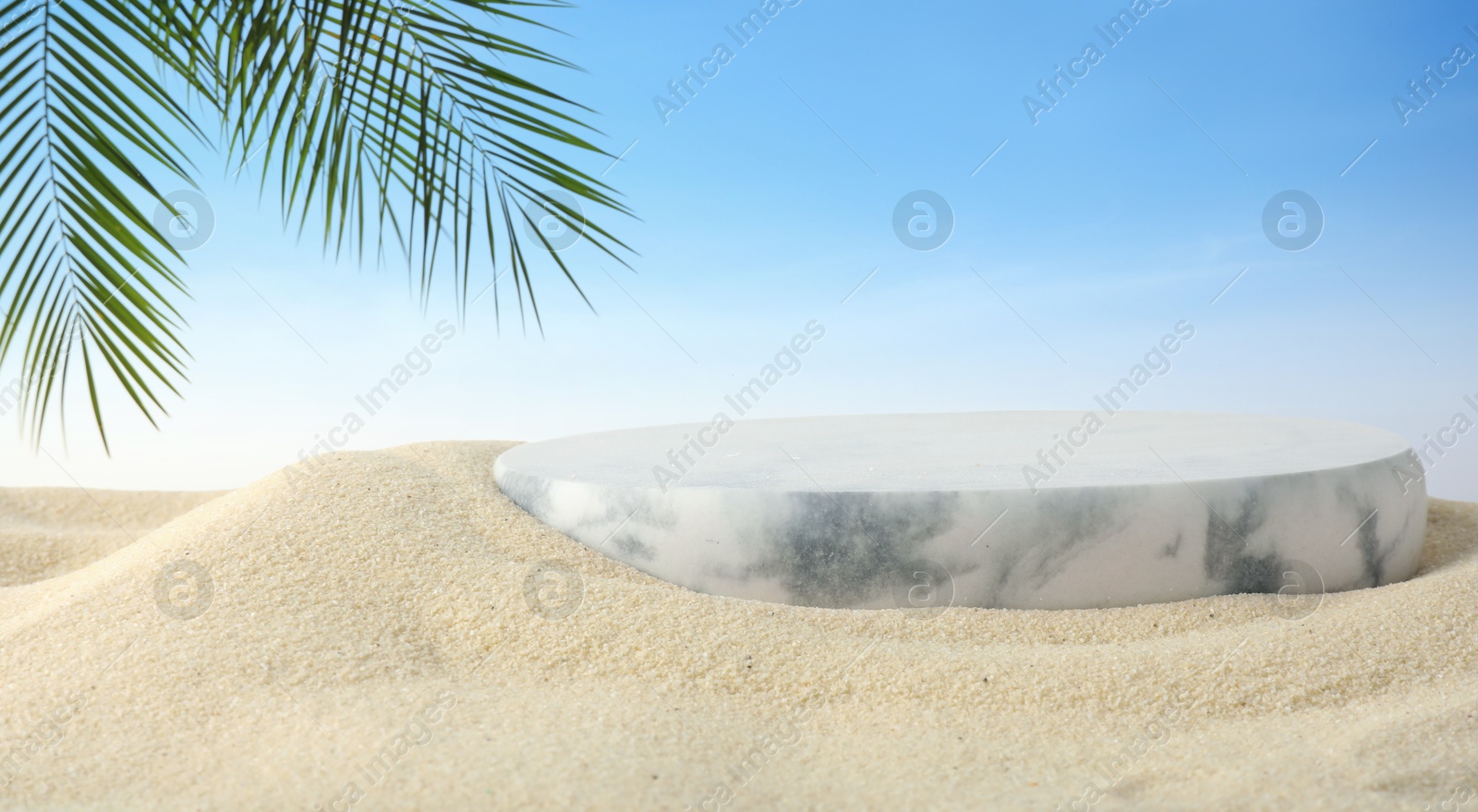 Podium for product promotion on sand under green palm leaves, banner design. Stylish presentation Image of Podium for product promotion on sand under green palm leaves, banner design. Stylish presentation