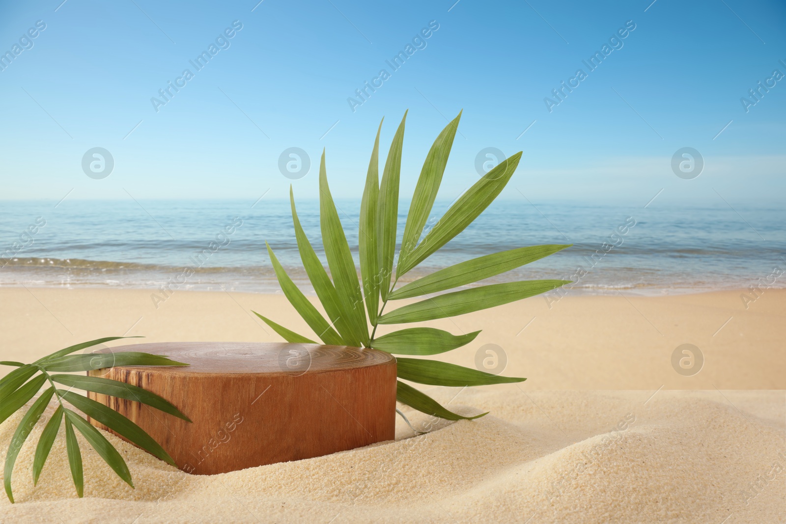 Image of Podium for product presentation with green leaves on sand near blue sea. Stylish promotion poster