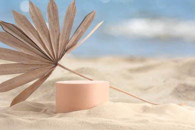 Image of Podium for product presentation with dry palm leaf on sand. Stylish promotion poster
