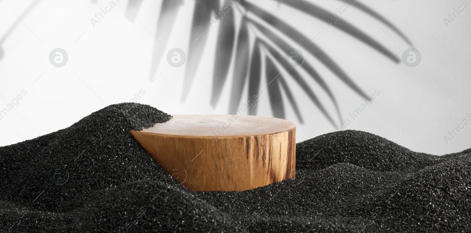 Podium for product presentation on black sand against white background with shadow of leaf, banner design. Stylish promotion poster Image of Podium for product presentation on black sand against white background with shadow of leaf, banner design. Stylish promotion poster