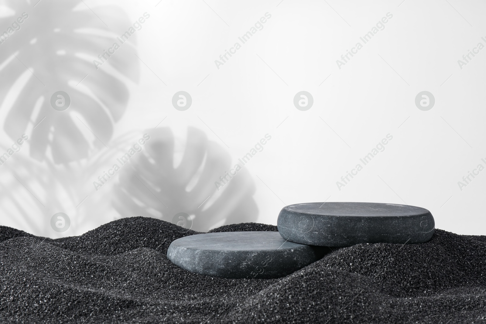 Podium for product presentation. Stones on black sand against white background with shadow of leaves. Stylish promotion poster Image of Podium for product presentation. Stones on black sand against white background with shadow of leaves. Stylish promotion poster