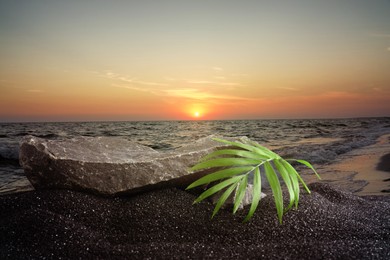 Image of Podium for product presentation. Stone and green leaf on black sand near sea at sunset. Stylish promotion poster