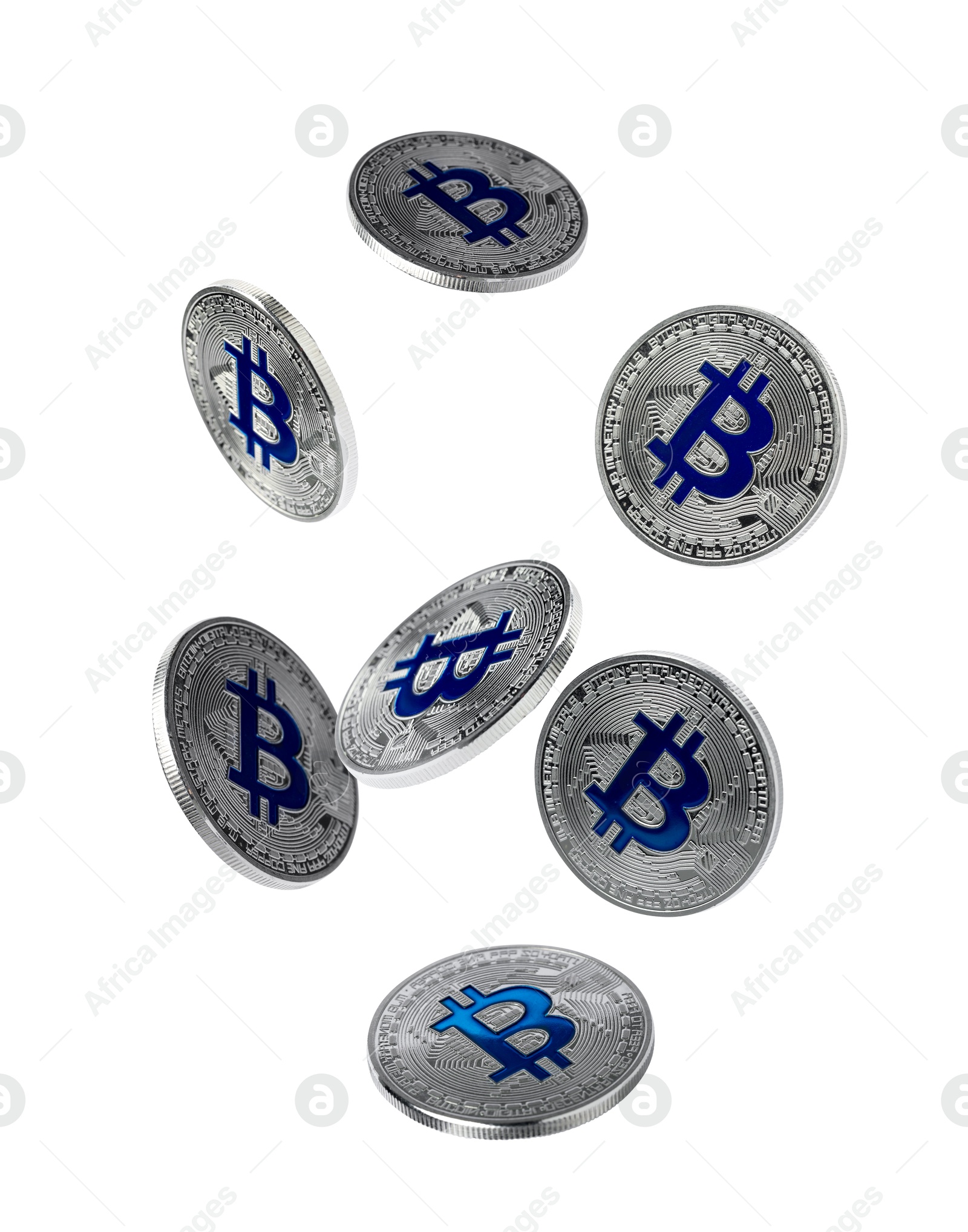Cryptocurrency. Silver bitcoins falling on white background Image of Cryptocurrency. Silver bitcoins falling on white background