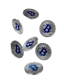 Image of Cryptocurrency. Silver bitcoins falling on white background