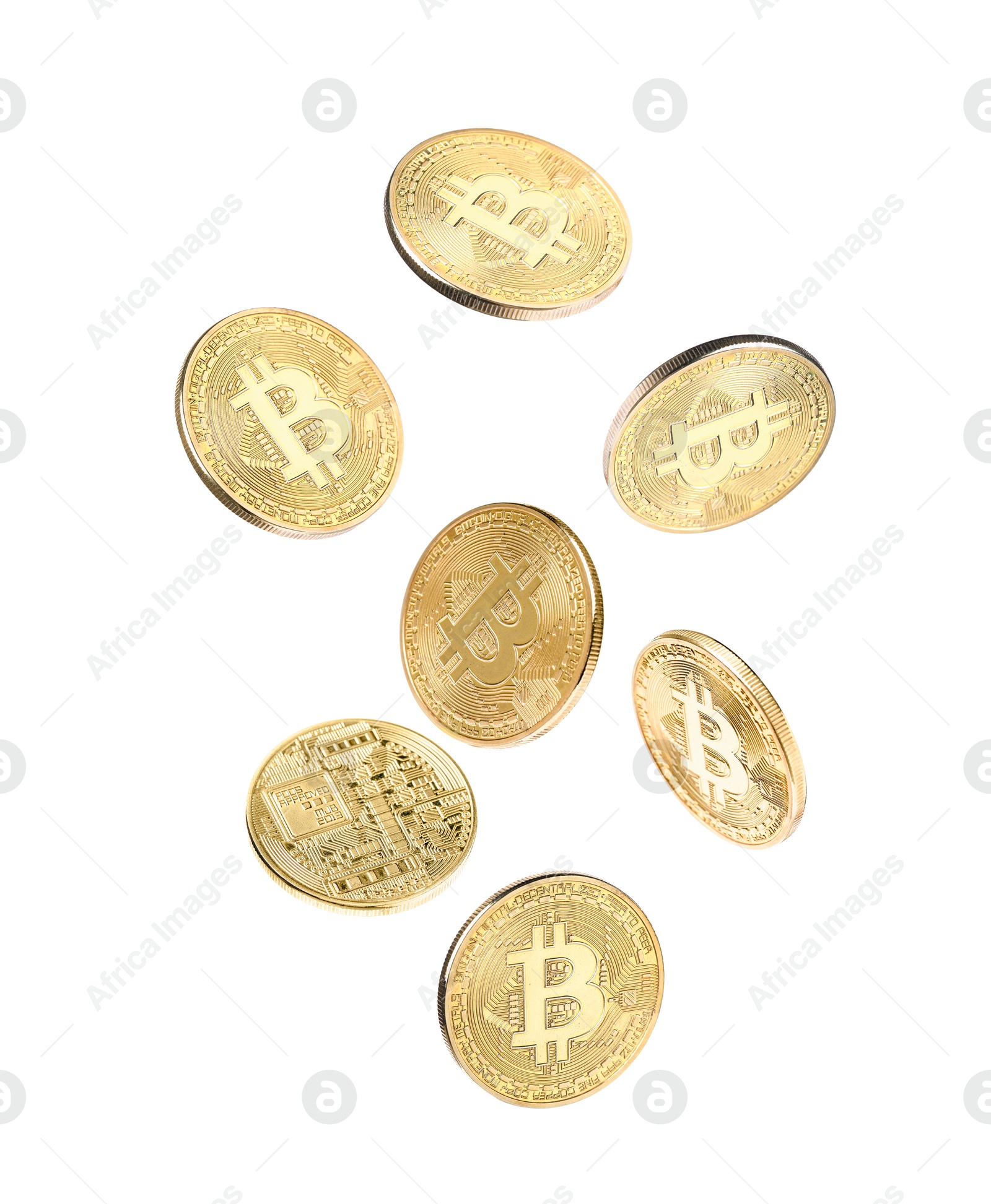 Cryptocurrency. Golden bitcoins falling on white background Image of Cryptocurrency. Golden bitcoins falling on white background