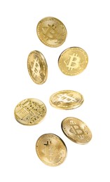 Image of Cryptocurrency. Golden bitcoins falling on white background