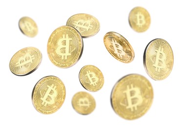 Image of Cryptocurrency. Golden bitcoins falling on white background