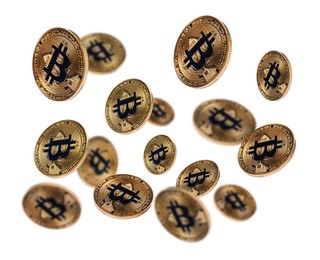 Image of Cryptocurrency. Golden bitcoins falling on white background