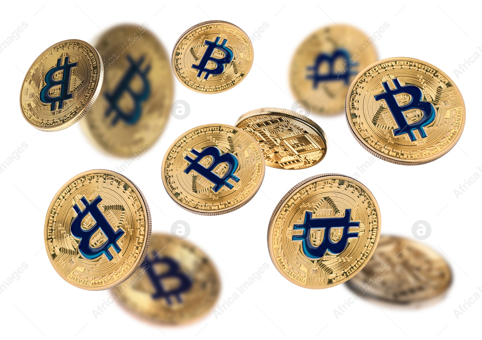 Cryptocurrency. Golden bitcoins falling on white background Image of Cryptocurrency. Golden bitcoins falling on white background