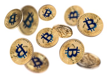 Image of Cryptocurrency. Golden bitcoins falling on white background