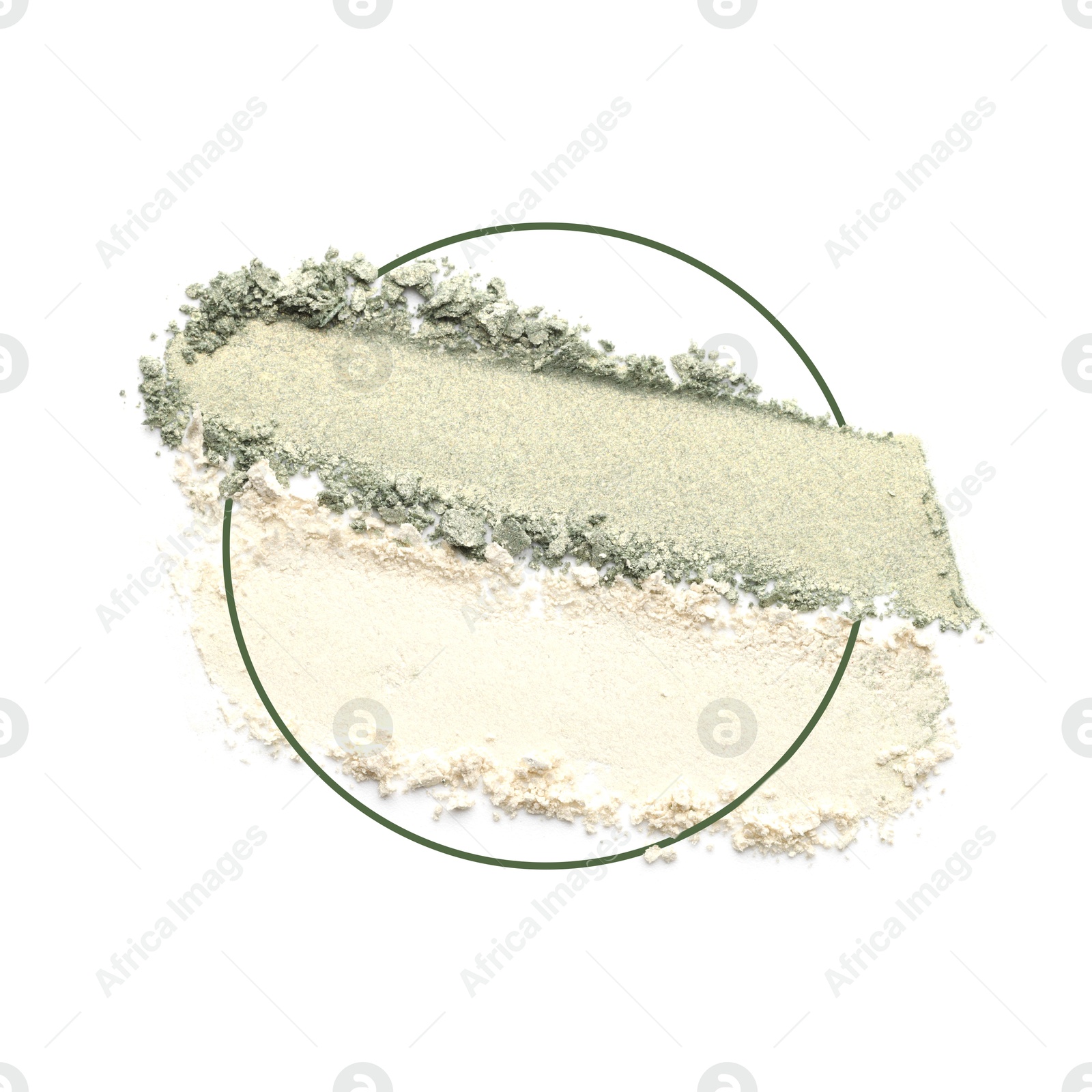 Image of Crushed eye shadows and frame on white background. Color palette of makeup product