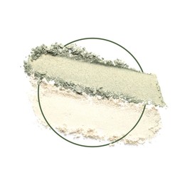 Image of Crushed eye shadows and frame on white background. Color palette of makeup product
