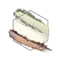 Image of Crushed eye shadows and frame on white background. Color palette of makeup product