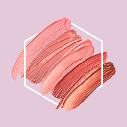Image of Different shades of liquid lipstick and frame on lilac background. Color palette of makeup product