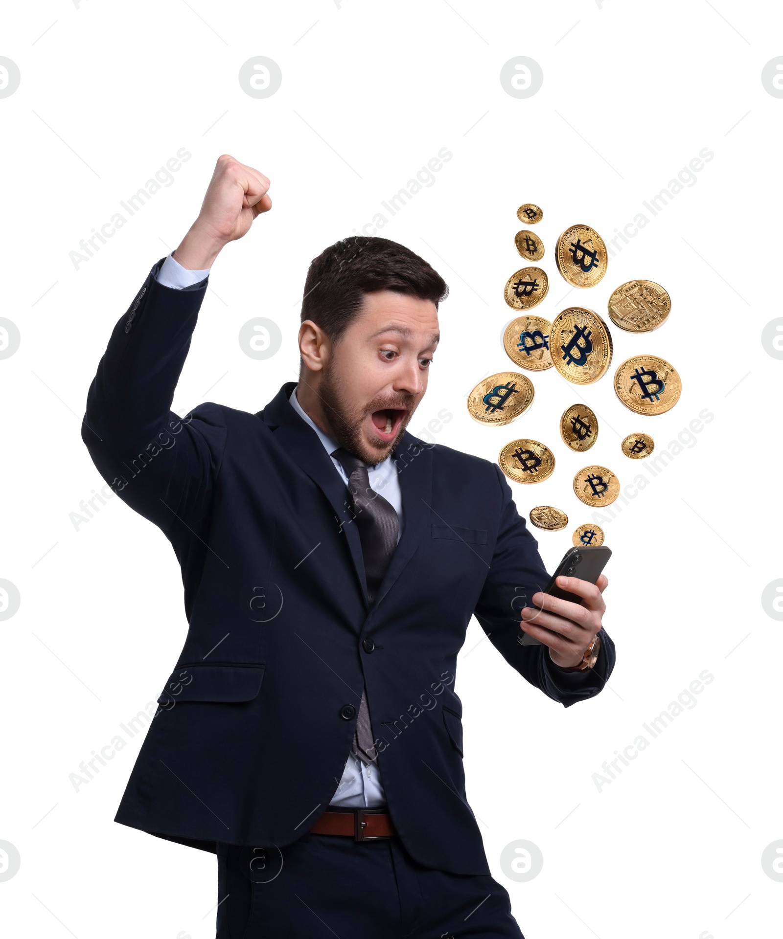 Cryptocurrency. Happy man using smartphone on white background. Bitcoins flying out of device Image of Cryptocurrency. Happy man using smartphone on white background. Bitcoins flying out of device