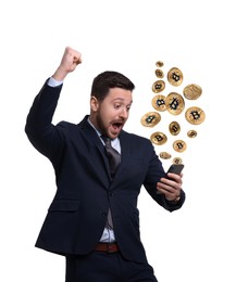 Image of Cryptocurrency. Happy man using smartphone on white background. Bitcoins flying out of device