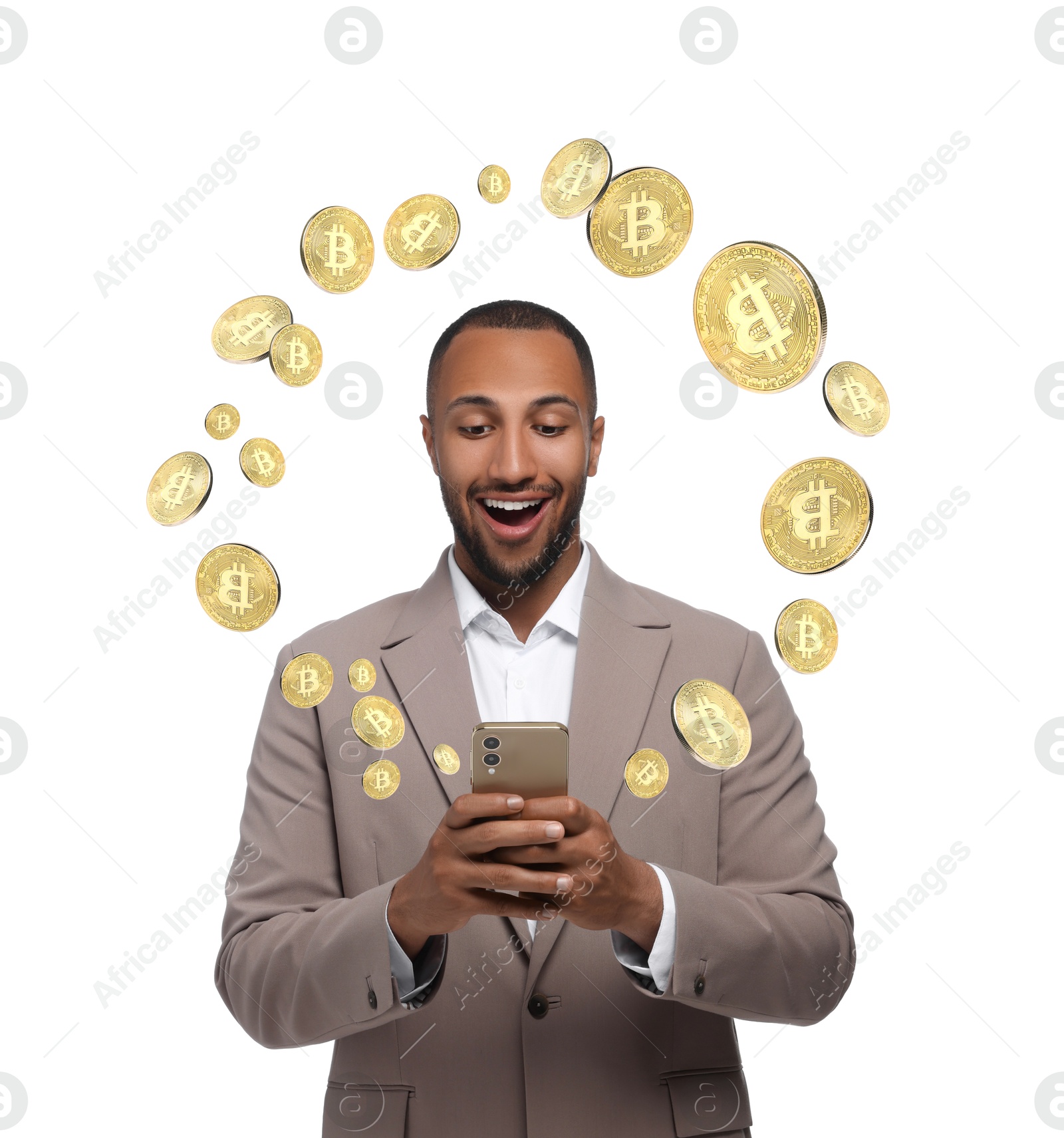 Cryptocurrency. Happy man using smartphone on white background. Bitcoins flying out of device Image of Cryptocurrency. Happy man using smartphone on white background. Bitcoins flying out of device
