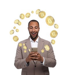 Image of Cryptocurrency. Happy man using smartphone on white background. Bitcoins flying out of device