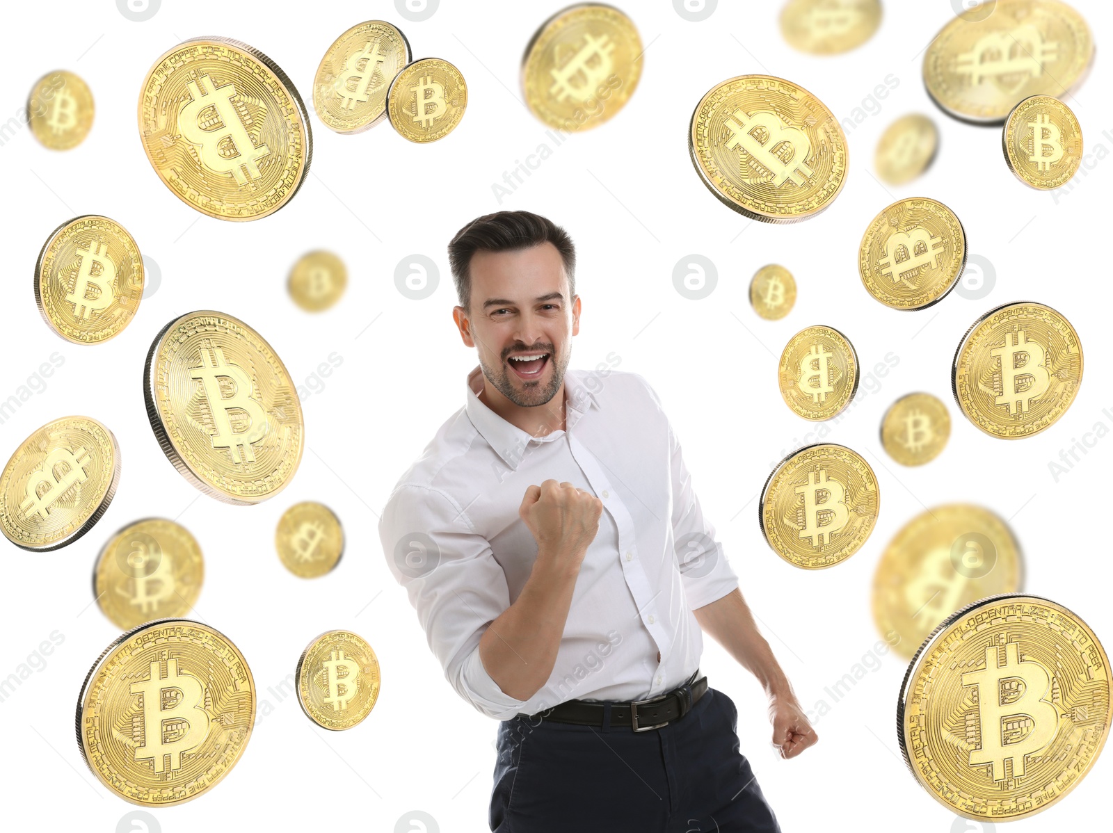 Cryptocurrency. Happy man under falling bitcoins on white background Image of Cryptocurrency. Happy man under falling bitcoins on white background
