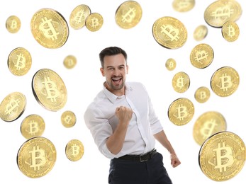 Image of Cryptocurrency. Happy man under falling bitcoins on white background