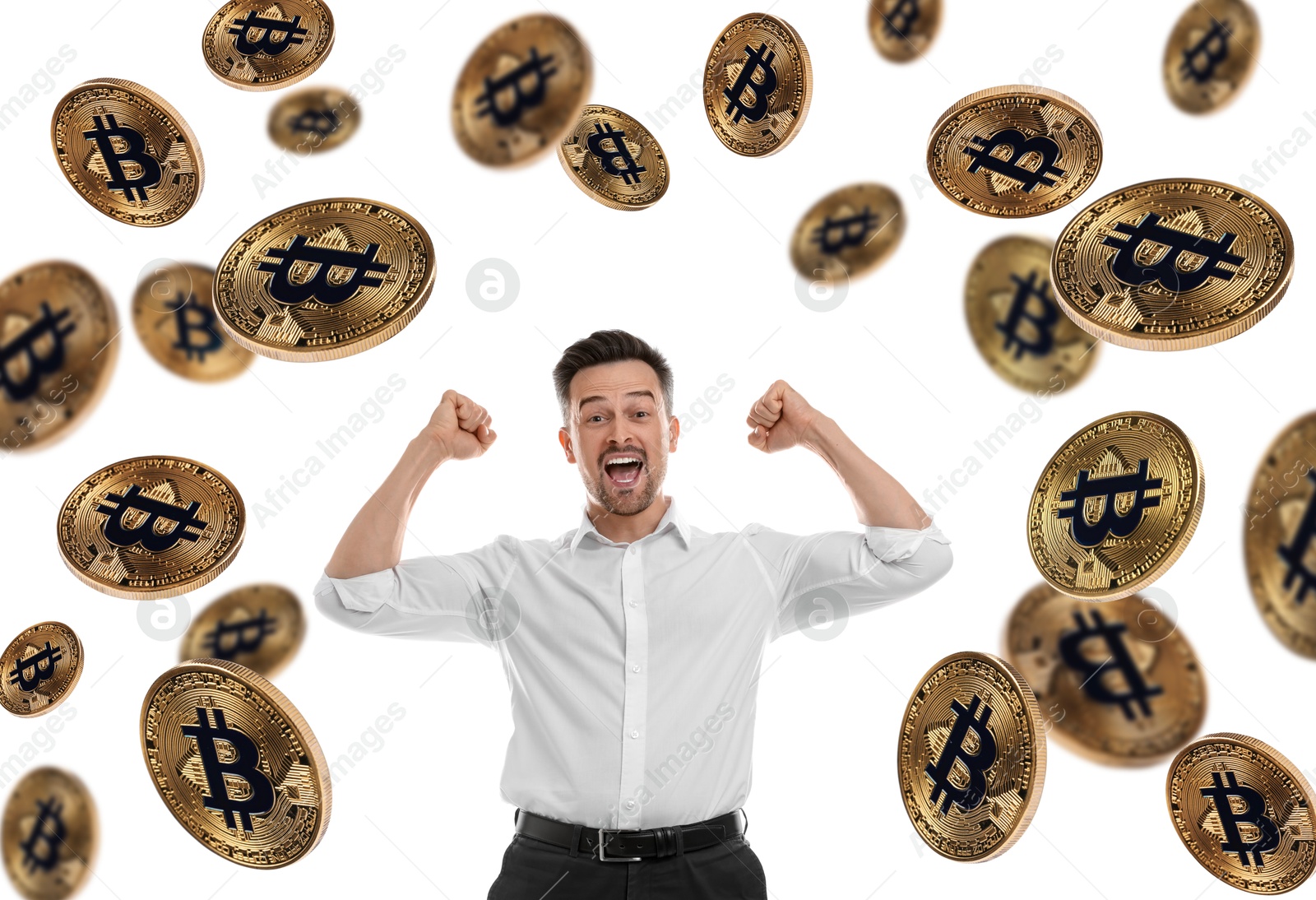 Cryptocurrency. Happy man under falling bitcoins on white background Image of Cryptocurrency. Happy man under falling bitcoins on white background