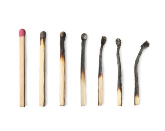 Image of Burnt matches and whole one on white background