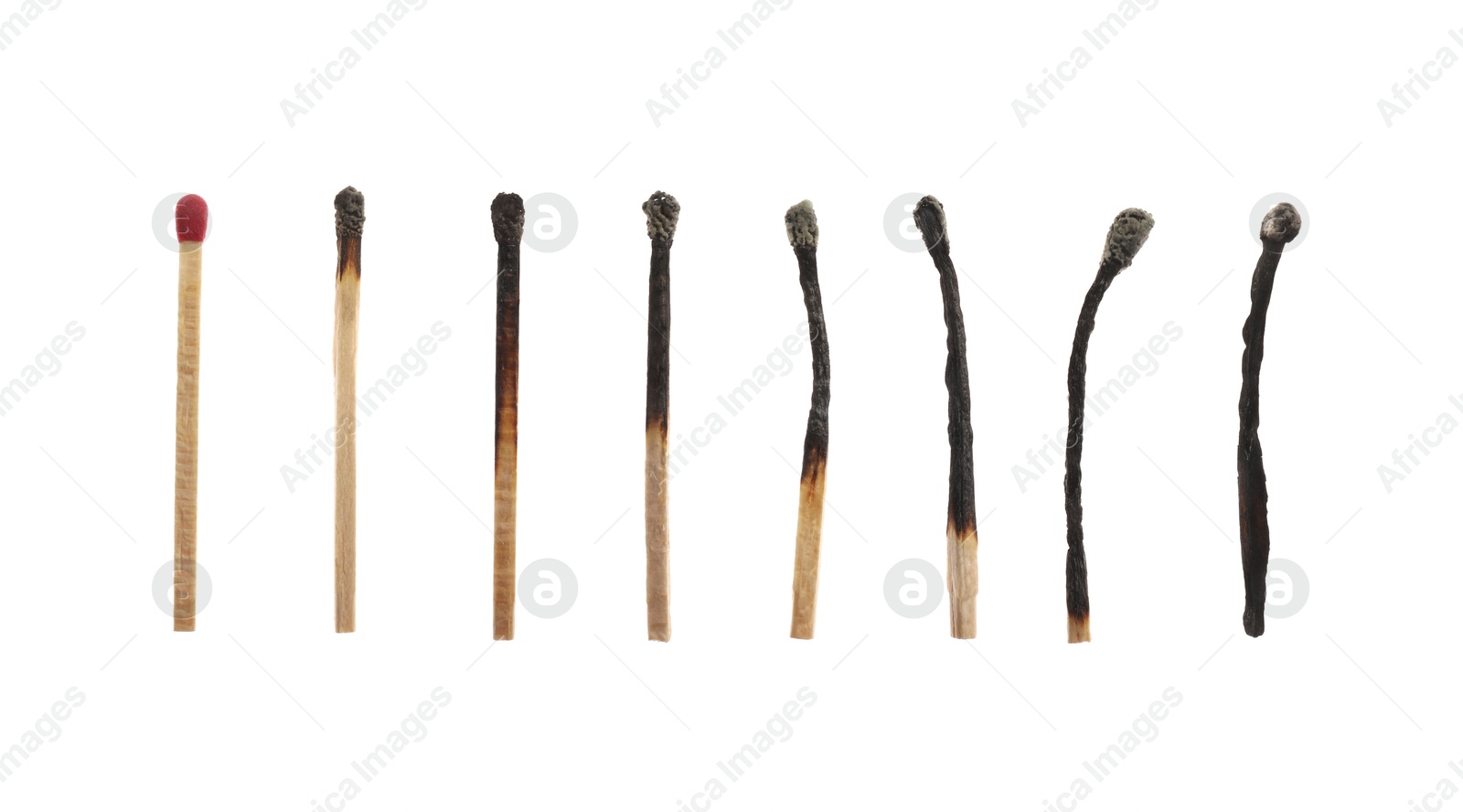 Matches on white background, collage with stages from whole to completely burnt Image of Matches on white background, collage with stages from whole to completely burnt