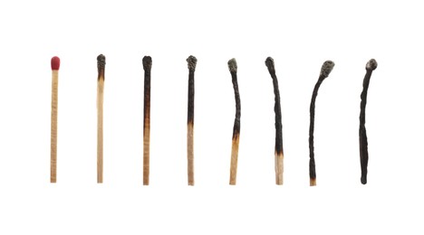 Image of Matches on white background, collage with stages from whole to completely burnt
