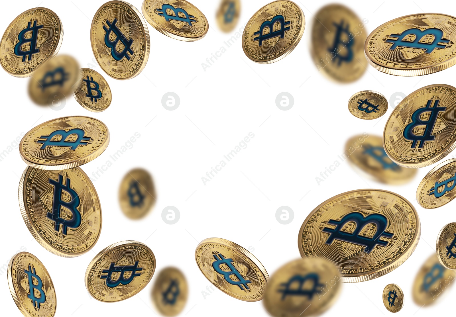 Cryptocurrency. Golden bitcoins flying on white background Image of Cryptocurrency. Golden bitcoins flying on white background