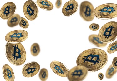 Image of Cryptocurrency. Golden bitcoins flying on white background