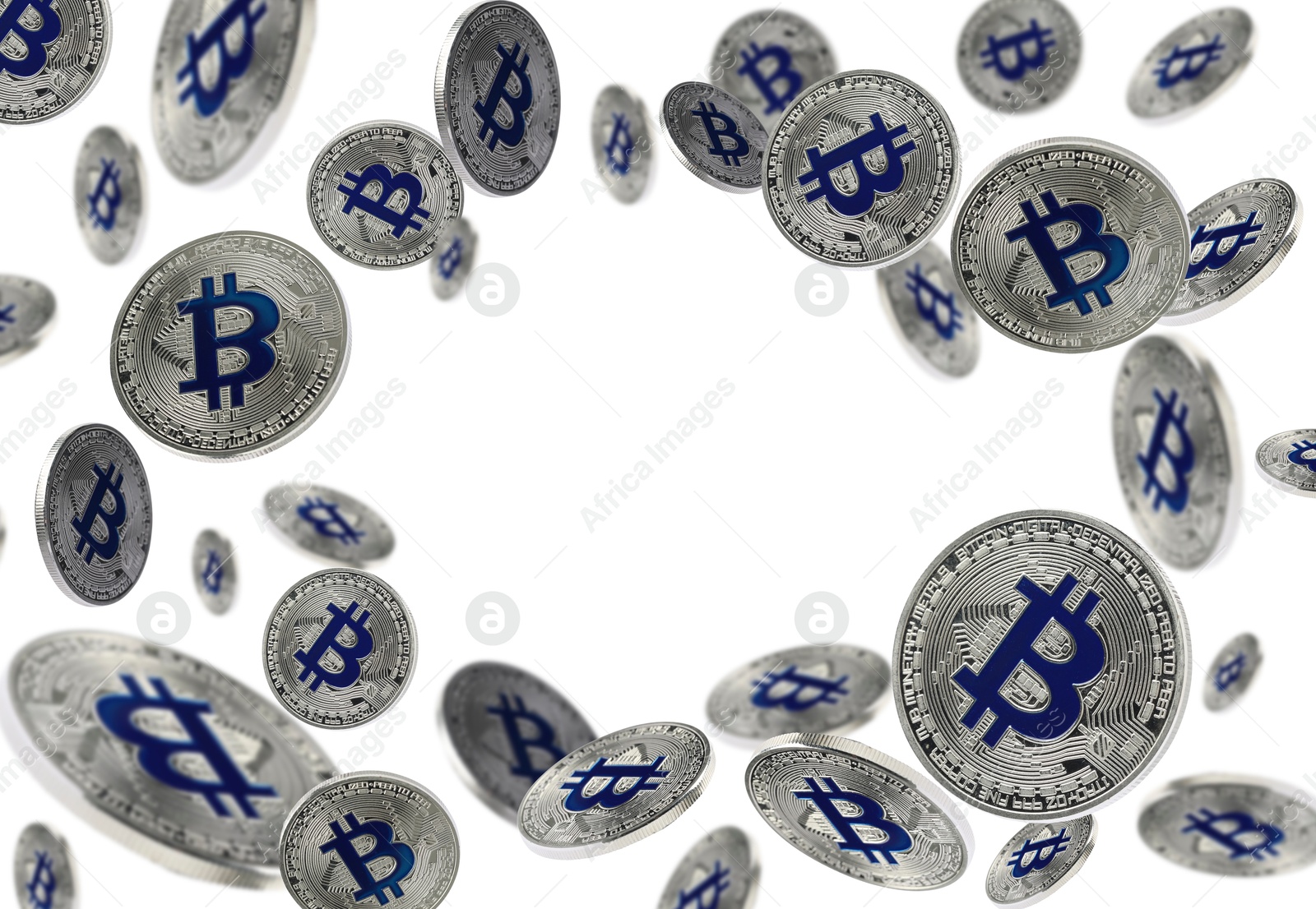 Cryptocurrency. Silver bitcoins flying on white background Image of Cryptocurrency. Silver bitcoins flying on white background