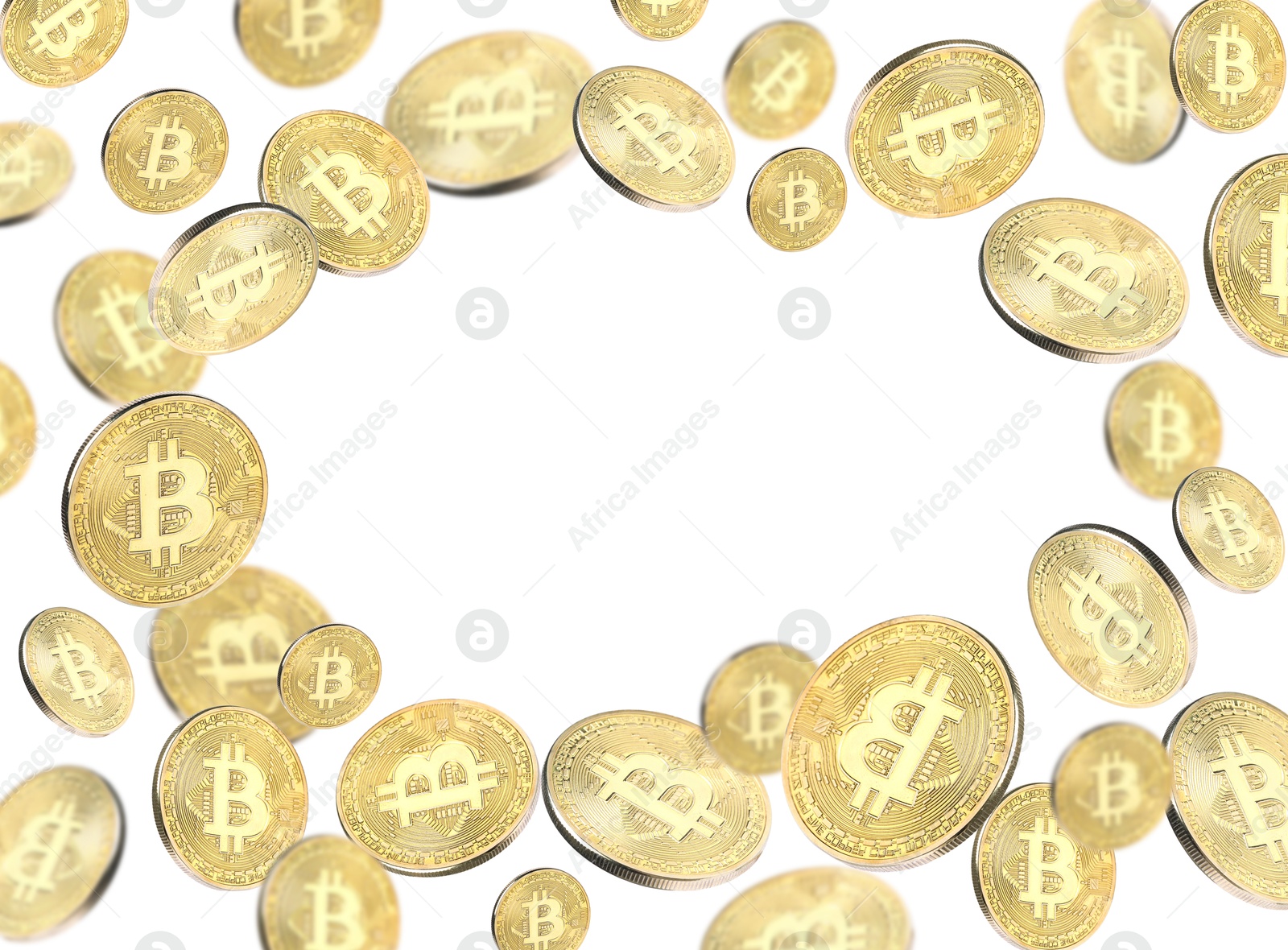 Cryptocurrency. Golden bitcoins flying on white background Image of Cryptocurrency. Golden bitcoins flying on white background
