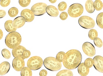 Image of Cryptocurrency. Golden bitcoins flying on white background