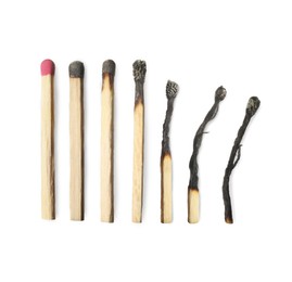 Image of Matches on white background, collage with stages from whole to completely burnt